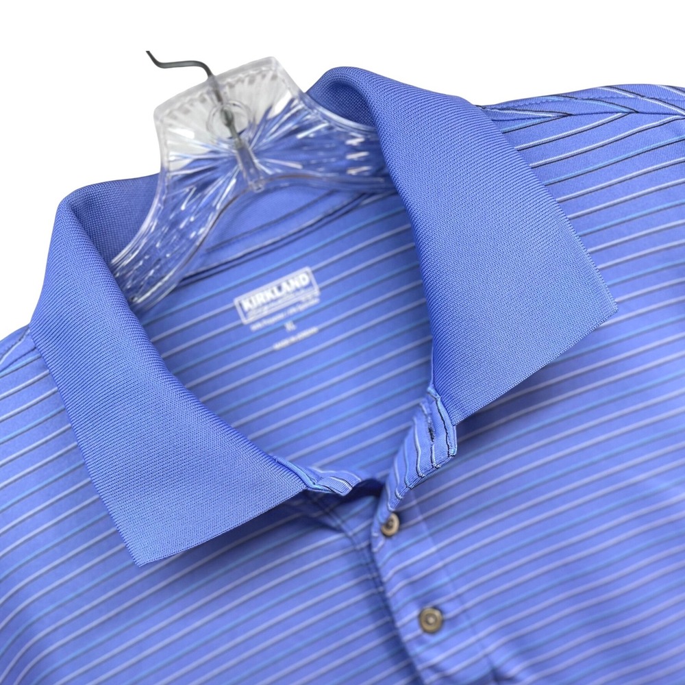 Kirkland Signature Mens XL Blue Striped Performance Golf Polo Shirt Short Sleeve